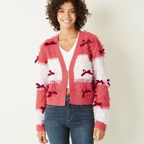 Might Fine Knot Loop Velvet Bow Cardigan Medium - Picture 2 of 9